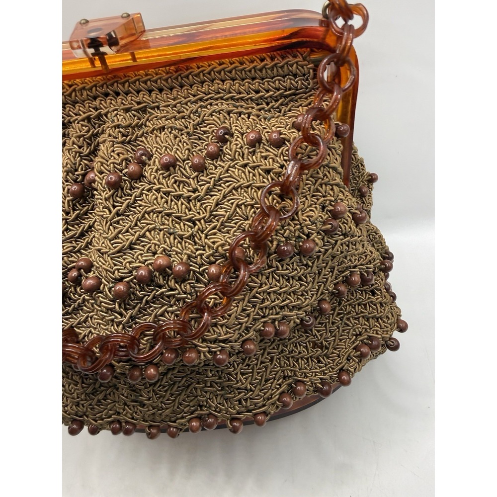 Vtg Oval Box Purse Beaded Handbag With Tortoise Lucite/Bakelite? Early Plastic - Picture 4 of 10